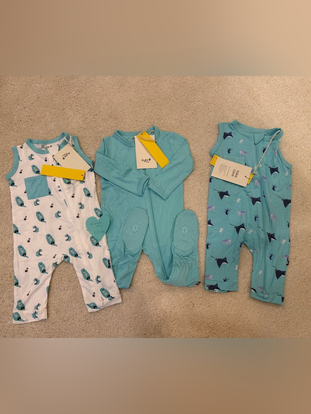 Kyte - 2 Zipped Rompers & 1 Footie with grips - NWT - 6-12 months